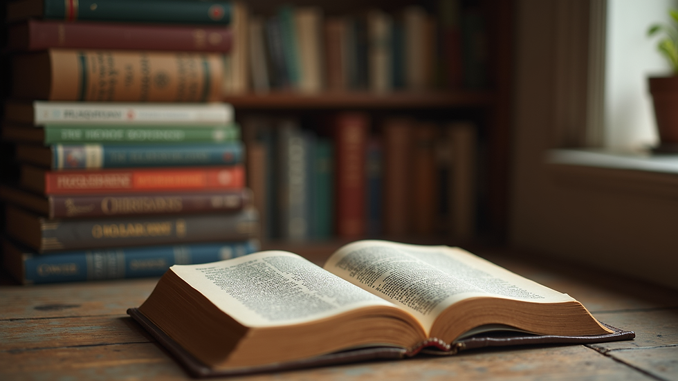 Eye-level view of a cozy reading nook with a stack of Christian books