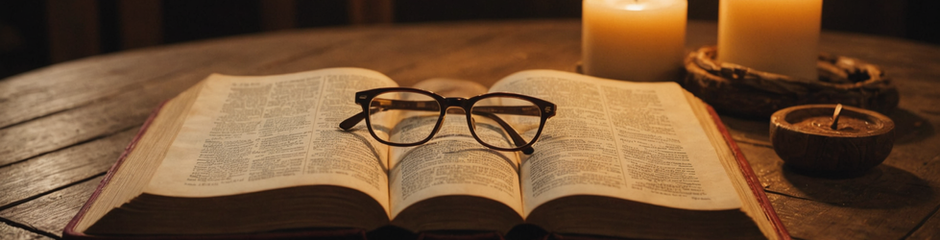 Open book with glasses and lit candles on a wooden table