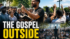 Public Gospel preaching in the open air before a moderate crowd montage.