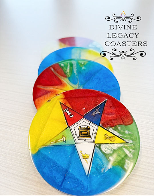 Thumbnail: OES Eastern Star circular coasters 4-piece rainbow resin set - Divine Legacy masonic sisterhood home decor gifts