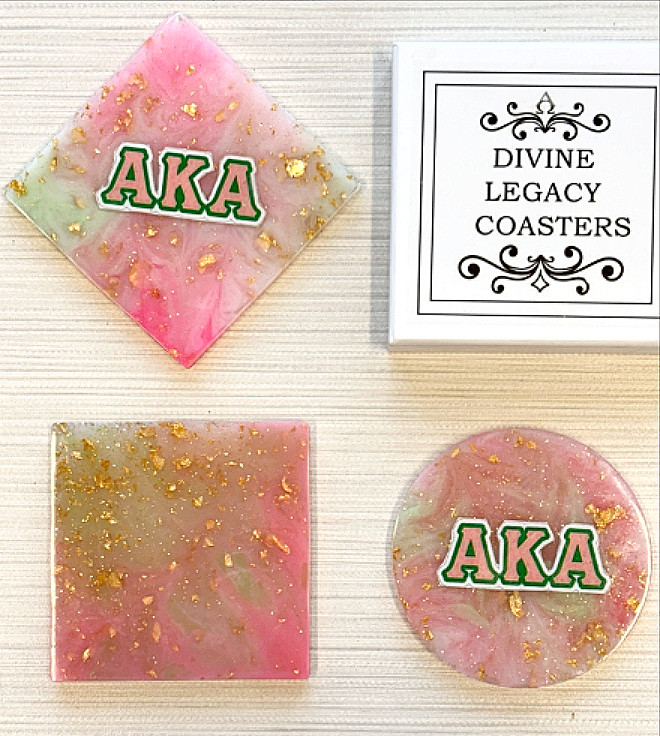 AKA coasters Divine Legacy handmade resin sorority gifts - Alpha Kappa Alpha pink green gold decorative accessories set