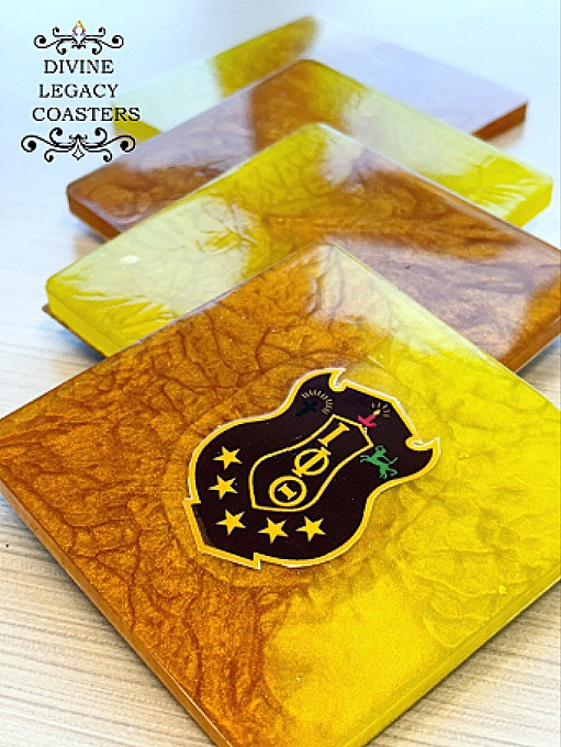 Iota Phi Theta square coasters brown gold resin - Divine Legacy fraternity home decor gifts with shield emblem