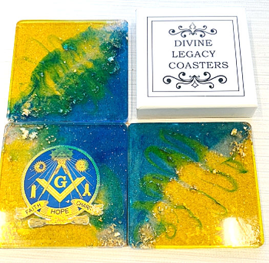 Thumbnail: Masonic square coasters 4-pack blue gold resin - Divine Legacy Freemason Faith Hope Charity lodge gifts set