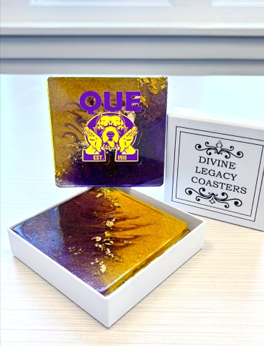 Omega Psi Phi Que coasters square purple gold resin - Divine Legacy fraternity barware in white gift box