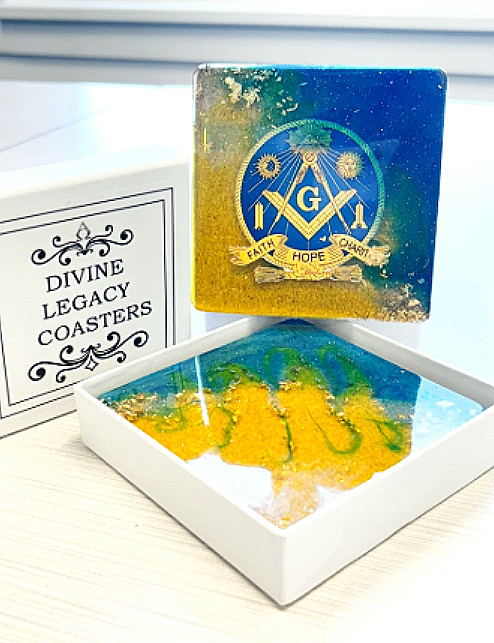 Freemason masonic coasters square blue gold resin with white gift box - Divine Legacy Faith Hope Charity emblem gifts