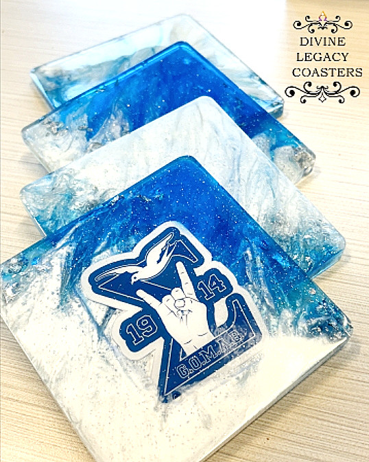 Zeta Phi Beta square coasters blue white resin with 1914 dove logo - Divine Legacy sorority home decor gifts