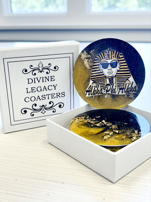 Thumbnail: Alpha Phi Alpha round resin coasters navy gold with sphinx emblem - Divine Legacy fraternity circular gifts
