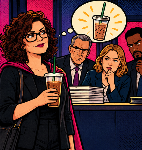 A confident woman with curly hair and glasses walks past her coworkers, holding a cup of bubble tea, while they look on with curiosity and surprise.