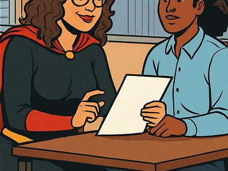 Comic recruitingSHEro sitting at a table interviewing a candidate