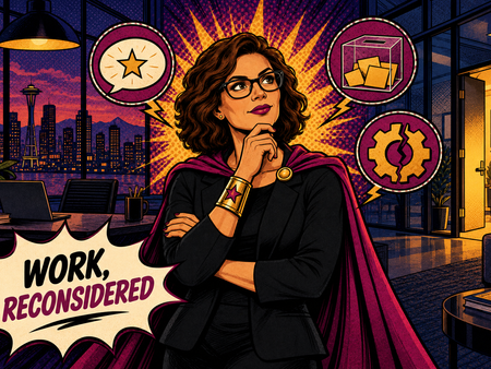 A modern-day recruitingSHEro contemplates the evolving landscape of work, framed by a city skyline and symbols of innovation and strategy.