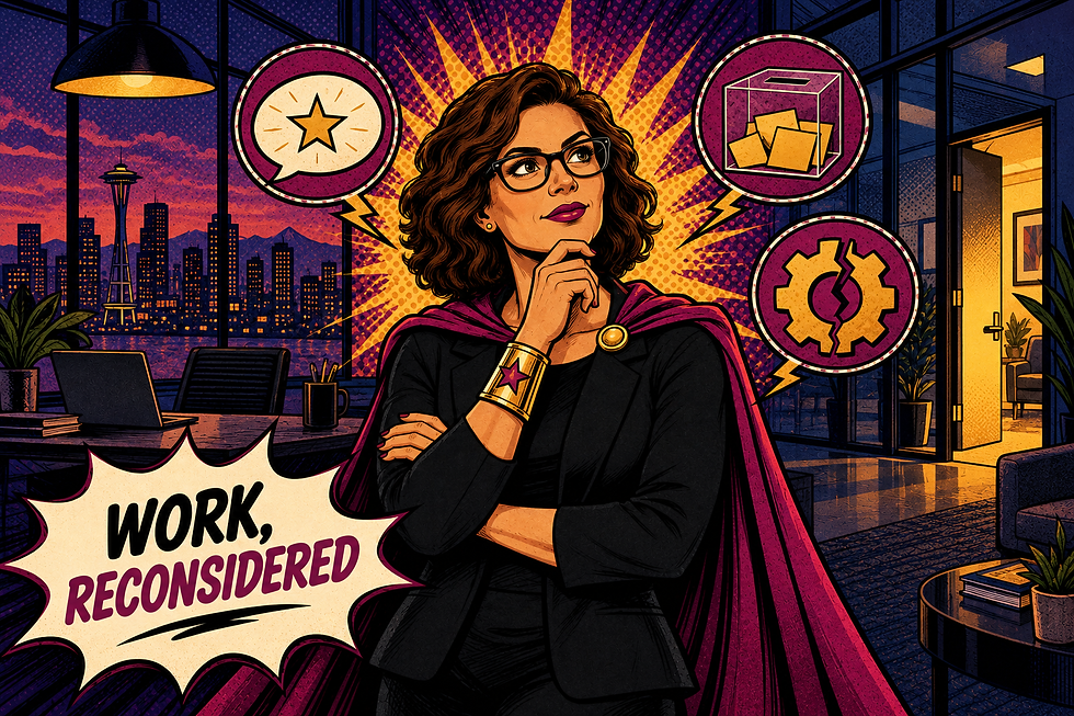 A modern-day recruitingSHEro contemplates the evolving landscape of work, framed by a city skyline and symbols of innovation and strategy.