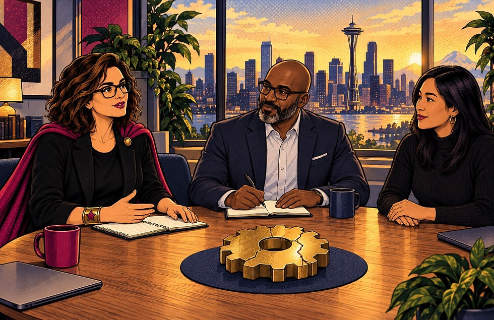Three professionals engaged in a meeting with a view of Seattle's skyline at sunset, discussing ideas around a symbolic gear centerpiece on the table that is a reminder that leadership does not listen to feedback.