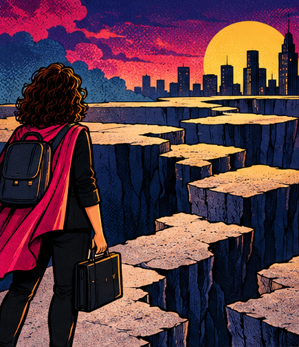 A woman stands at the edge of a vast chasm with a briefcase, gazing towards a distant city skyline bathed in the dramatic hues of sunset. She appears poised to navigate the daunting path ahead, symbolizing courage and determination in the face of challenges.