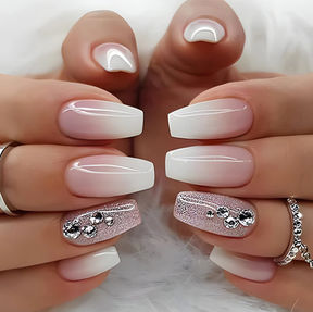 Pink and White Ombre Nails with Gems
