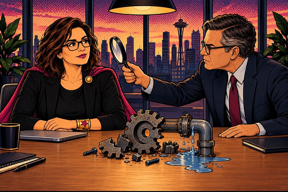 In a vibrant office overlooking a city skyline, two individuals engage in a detailed discussion. One holds a magnifying glass, examining the recruitingSHEro rather than the broken gear and a leaking pipe on the desk. The setting exudes misdirection and lack of leadership accountability while blaming the employee who bought a concern forward with the sun casting a warm glow across the entire scene.