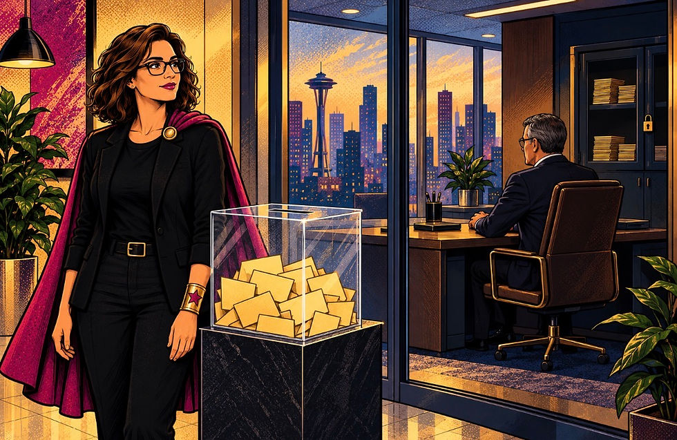 A self-assured recruitingSHEro dressed in a black ensemble and a cape stands in an office building, gazing at the city skyline with the iconic Space Needle visible at sunset. Before her sits a clear box brimming with envelopes and employee suggestions, while a boss man in a suit is seated at a desk in the background. The scene exudes an air of mystery and concern.