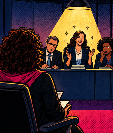 A job candidate faces a panel of interviewers, as one interviewer appears enthusiastic and supportive while sharing their feedback.