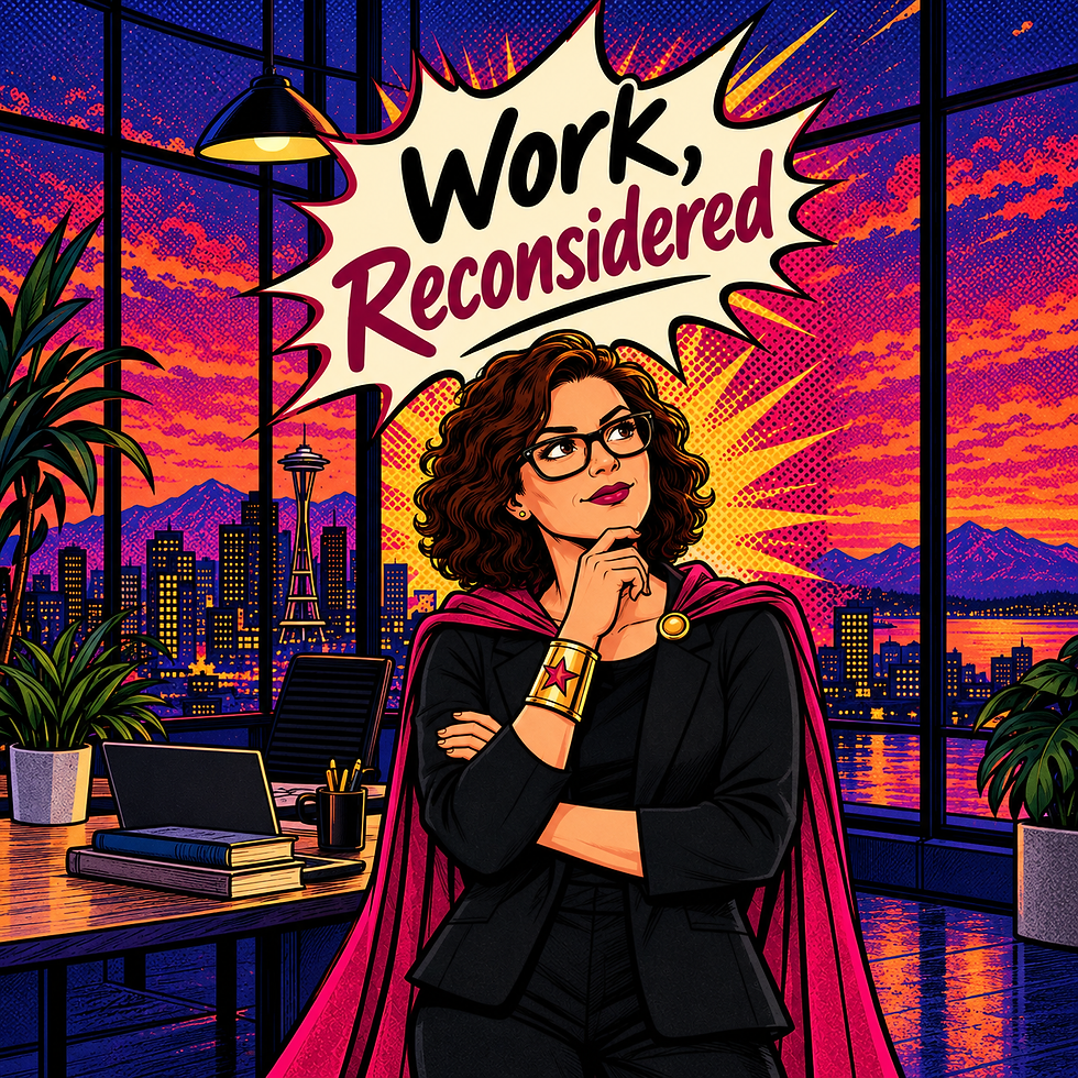 Empowered in a vibrant cityscape, a confident professional dons a superhero cape, symbolizing a bold reimagining of work-life balance in "Work, Reconsidered."
