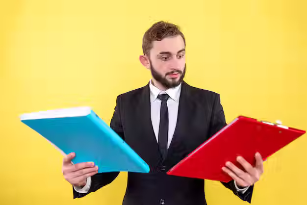 A white man in a business suit holds up two items. In his right hand is a thick legal document bound with a sky blue cover. In his left hand is a bright red clipboard with a document attached. He looks confused at what he needs to do with the document on the clipboard.