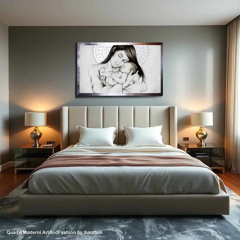 quadro con madonna perlata ambientato in camera da letto moderna, capezzale moderno