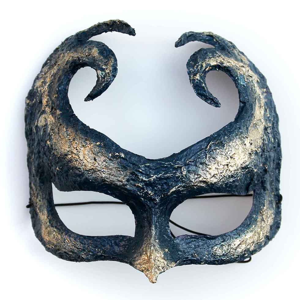 Maschera gotica teatro blu con foglia oro, maschera cartapesta