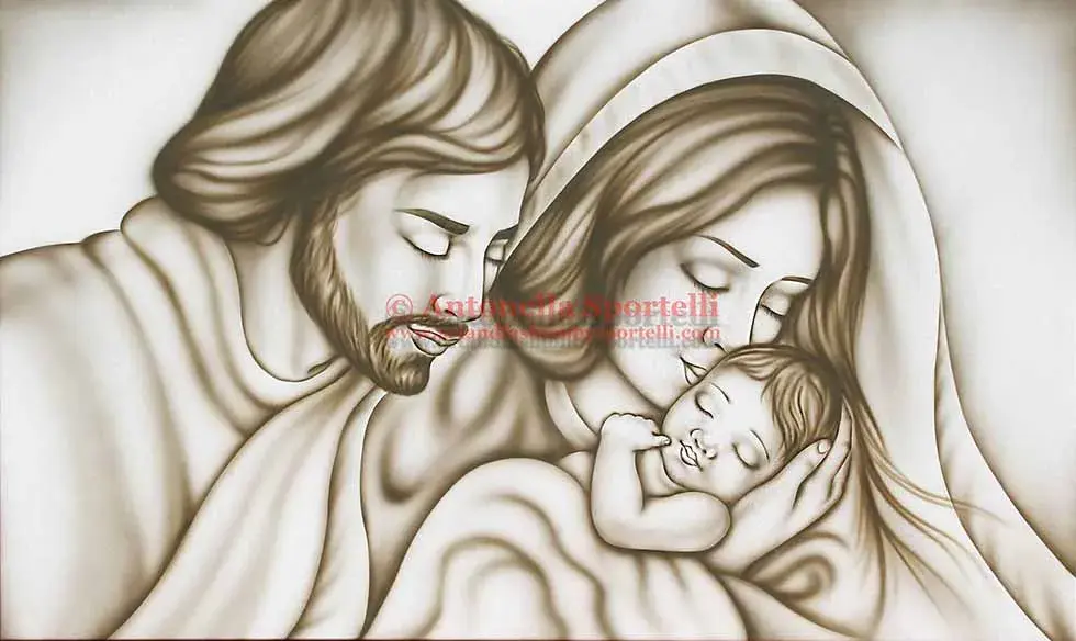 Capezzale Sacra Famiglia per camere da letto moderne e classiche toni caldi, quadro fatto a mano