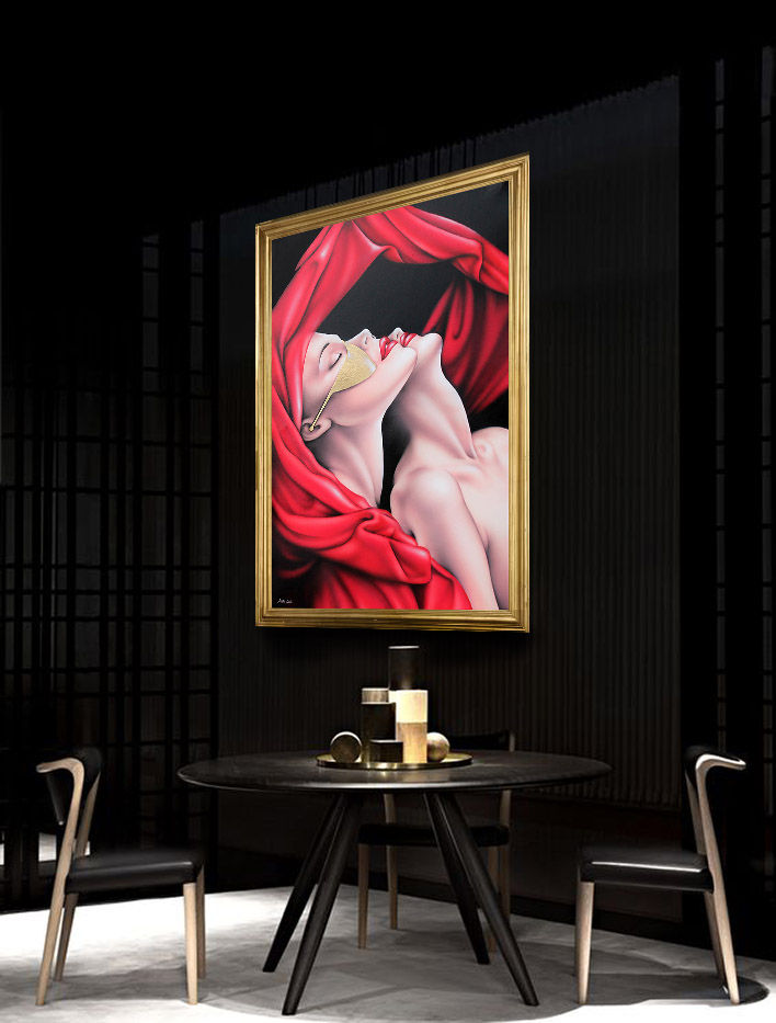 ritratto gemelle misteriose in ambientazione lussuosa: quadro moderno per arredamento di design tono su tono nero e oro.