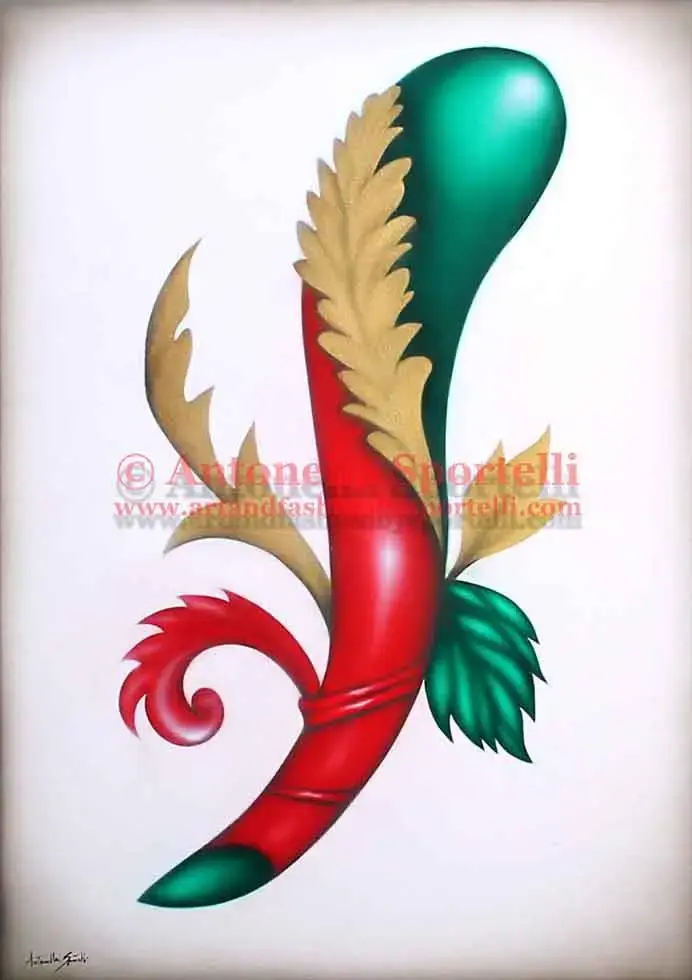 Quadro moderno "Asso di Bastoni", arte simbolica, dipinto a mano con foglia oro, colori rosso e verde smeraldo