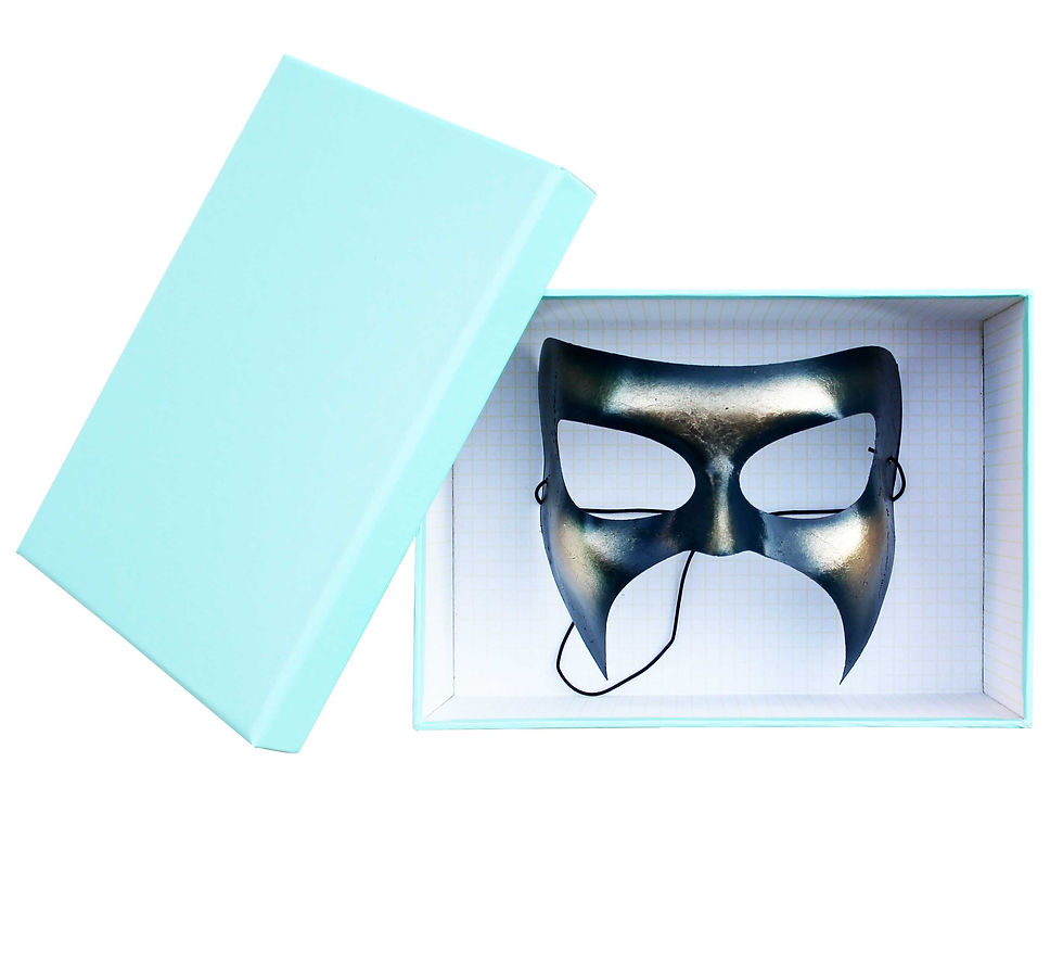 Maschera di carnevale blu con foglia oro in scatola regalo, maschera artistica