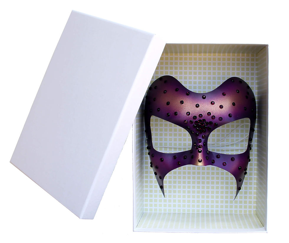 Maschera elegante oro e viola con strass, machera in scatola regalo bianca, maschere artistiche donna.