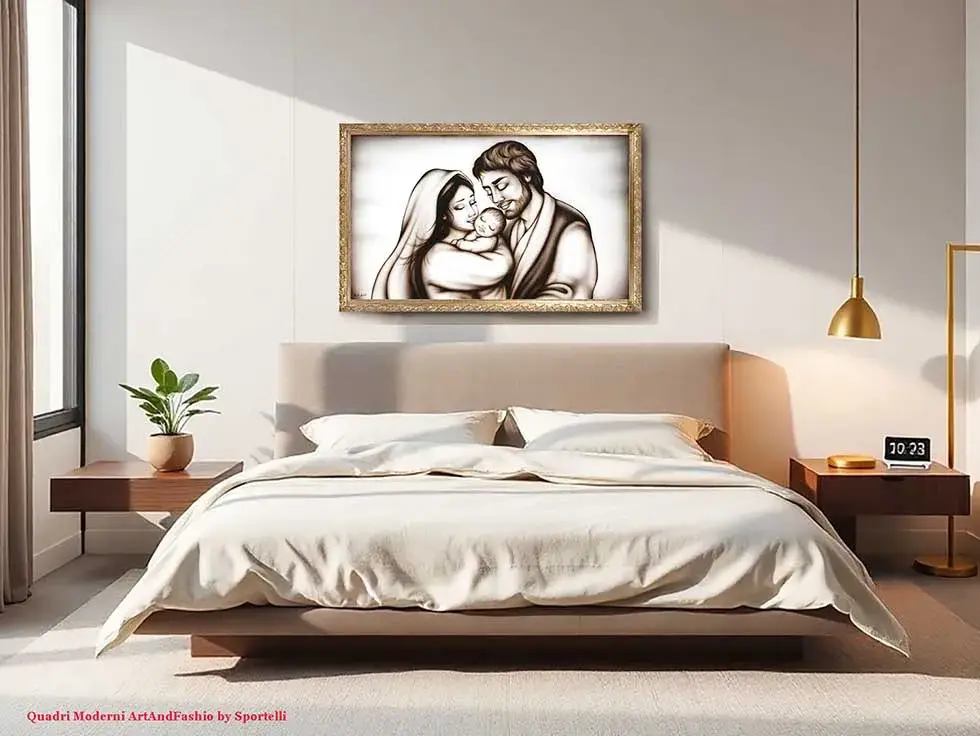 Quadro Capezzale La Famiglia Dono di Dio ambientato in luminosa camera da letto moderna dai toni caldi