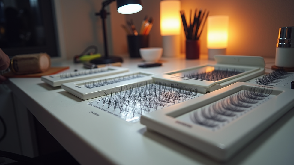 Eye-level view of a lash artist’s workstation with tools and lash trays