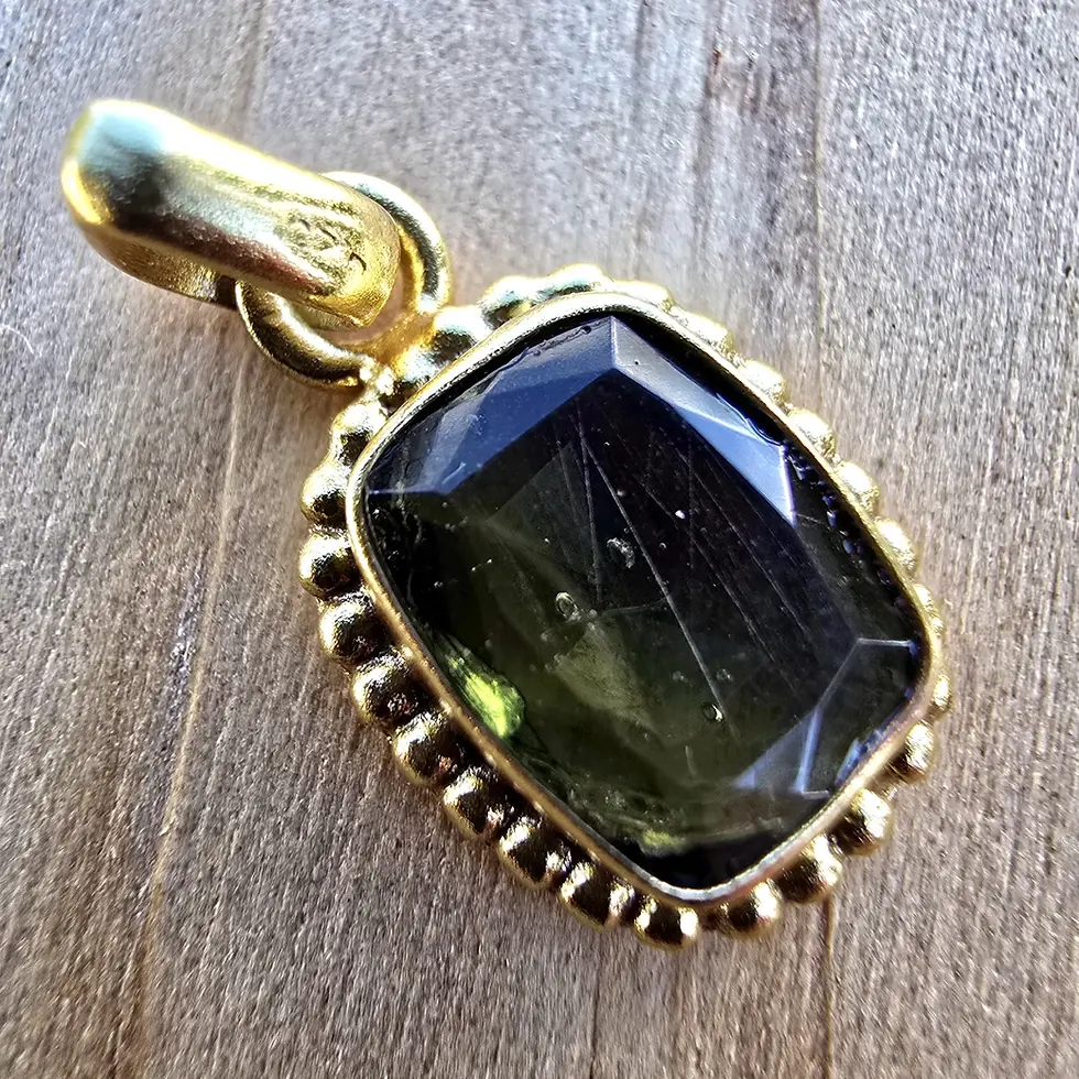 Thumbnail: Faceted Moldavite Pendant (Rectangular Cushion Cut, Gold Plated)