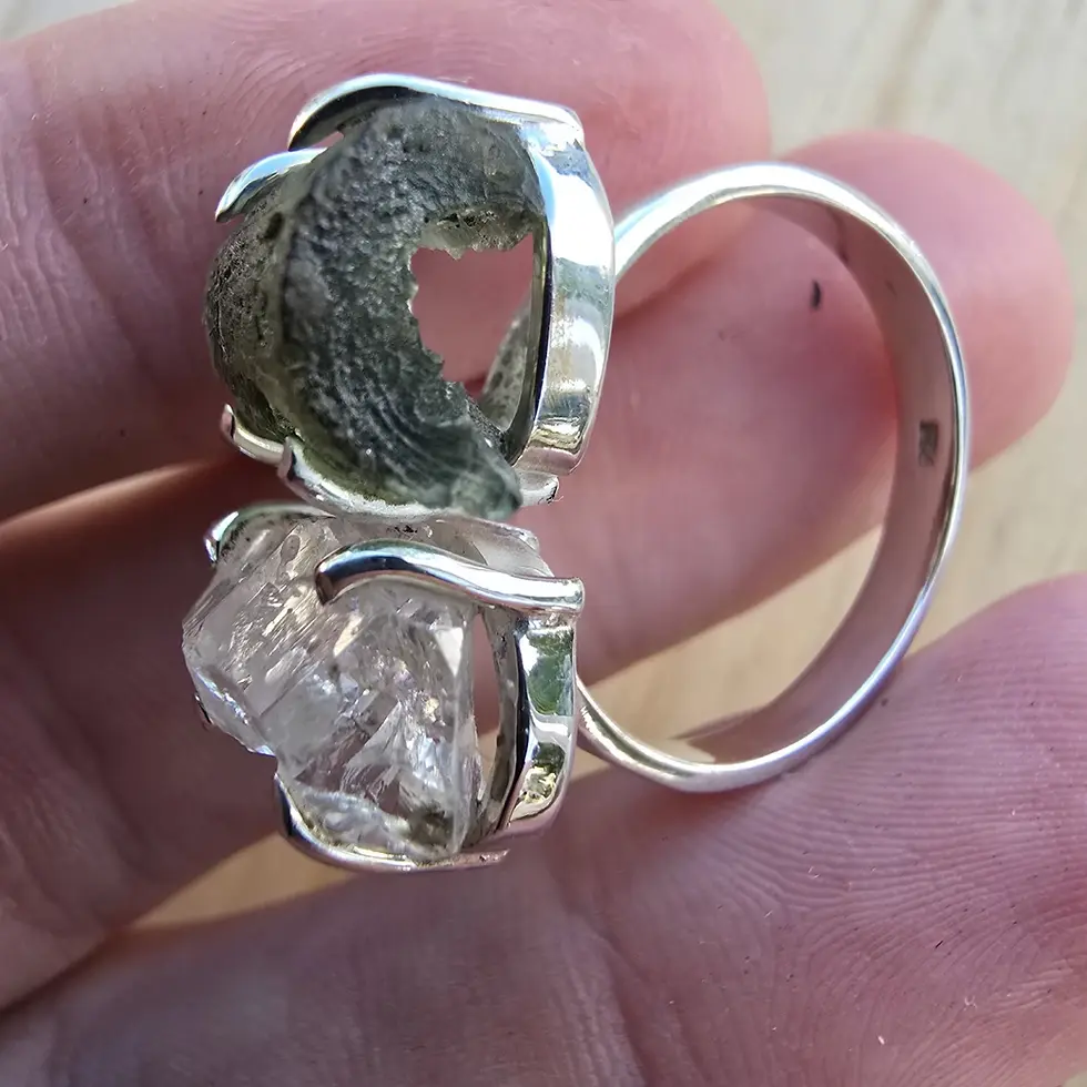 Thumbnail: Adjustable Moldavite & Herkimer Diamond Ring