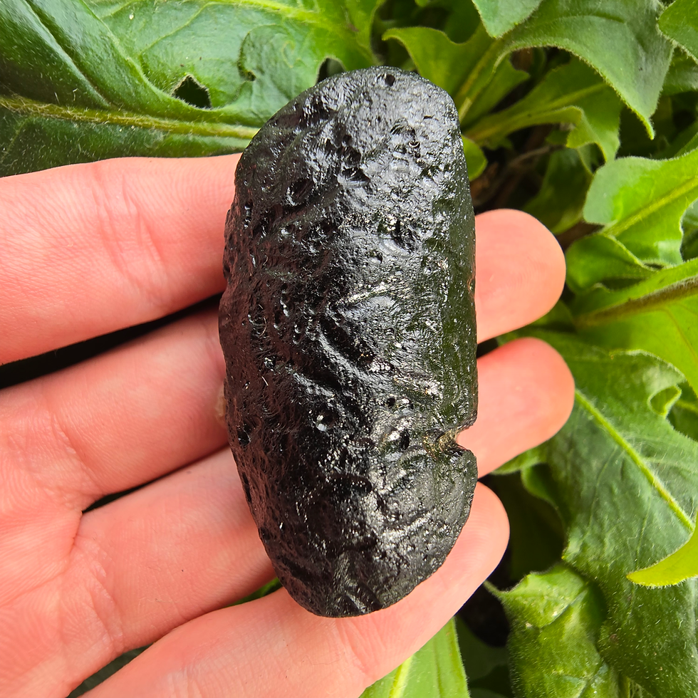 Thumbnail: Dark, textured moldavite in hand