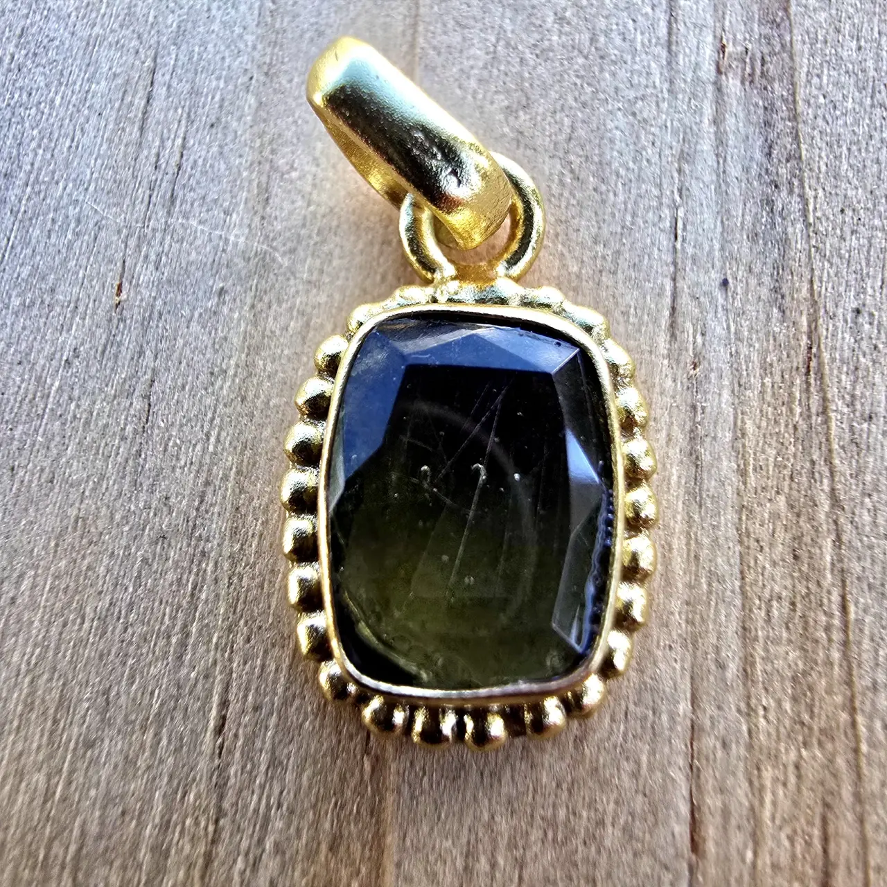 Faceted Moldavite Pendant (Rectangular Cushion Cut, Gold Plated)