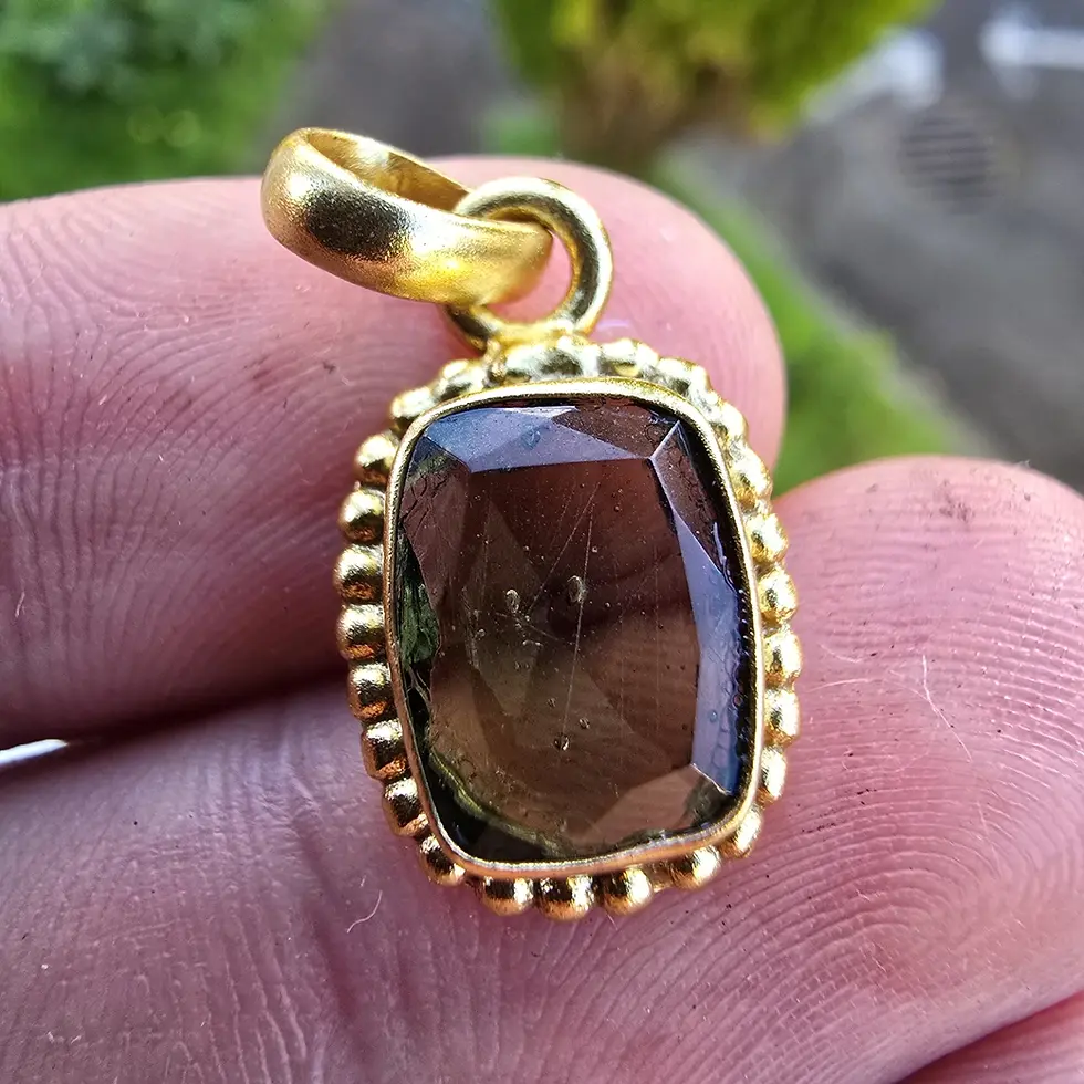 Thumbnail: Faceted Moldavite Pendant (Rectangular Cushion Cut, Gold Plated)