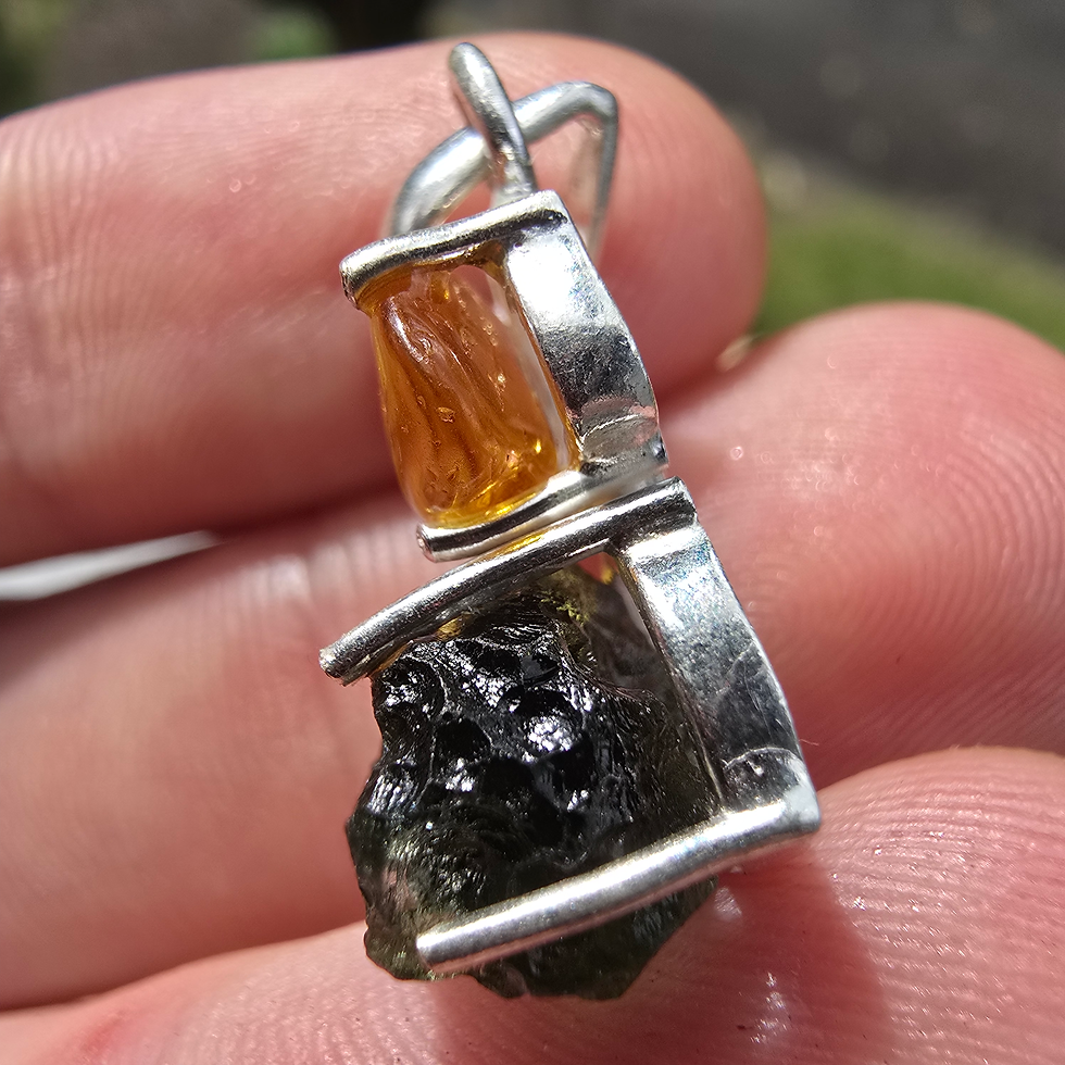 Thumbnail: Moldavite & Amber Pendant