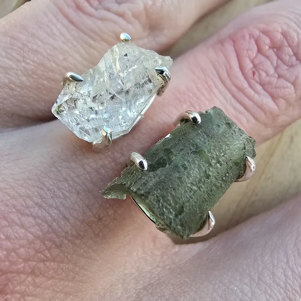 Thumbnail: Adjustable Moldavite & Herkimer Diamond Ring