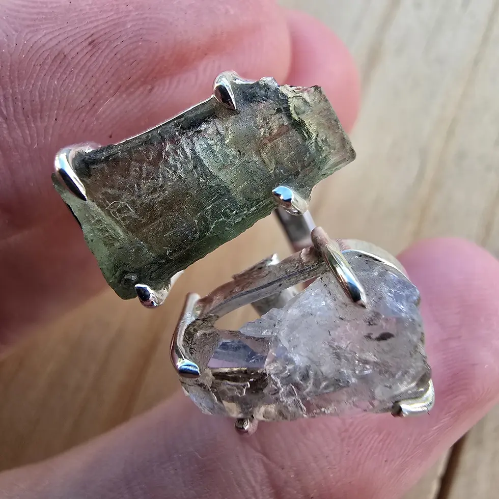 Adjustable Moldavite & Herkimer Diamond Ring