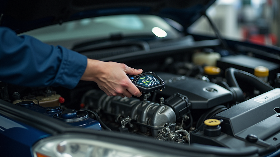 High angle view of a mechanic using diagnostic equipment on a car engine