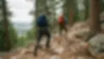 Two hikers walking up Flagstaff Mountain Boulder Colorado trail through pine forest with city views below