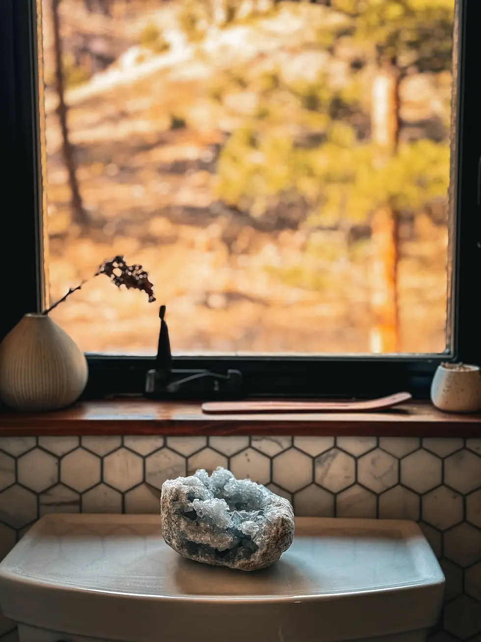 Minimalist windowsill display with white ceramic vase and dried botanicals overlooking Pearl Street Mall Boulder mountain