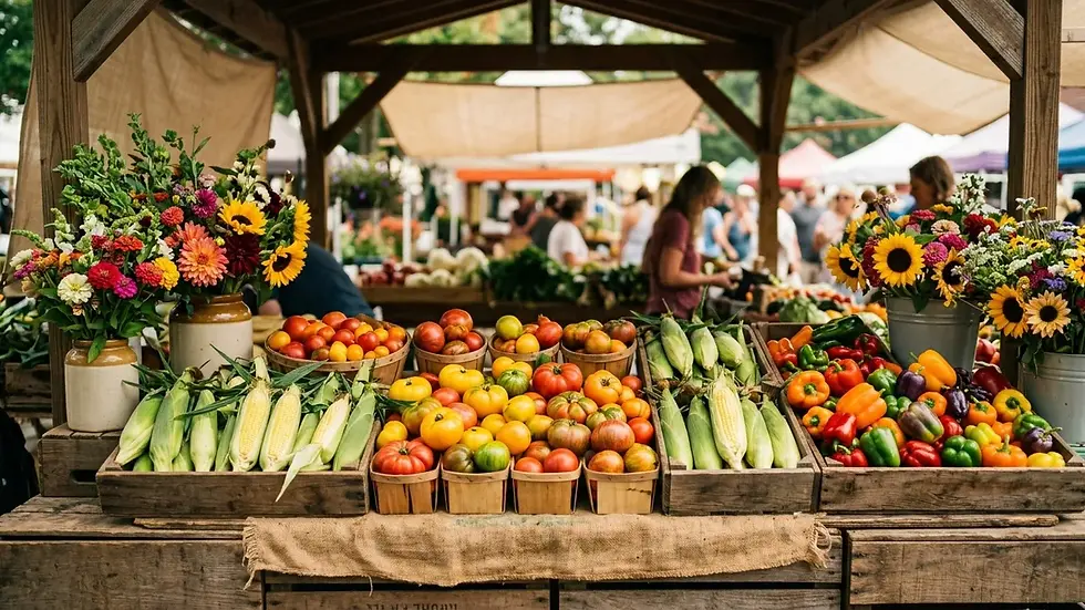 Peak season farmers market produce display with Colorado grown vegetables