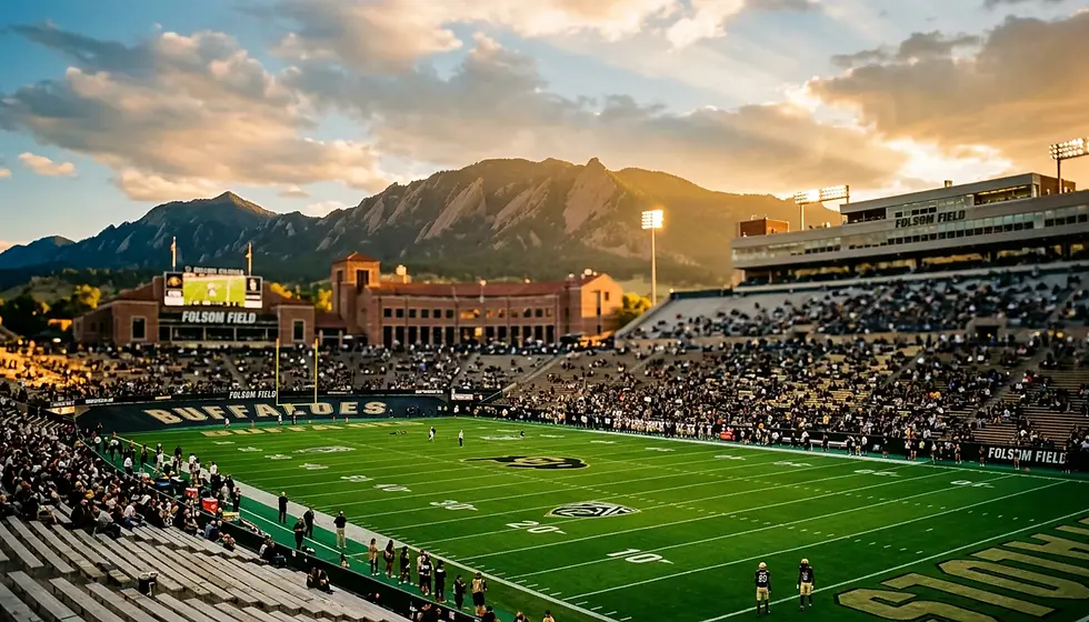 Colorado Buffaloes football stadium Folsom Field with Flatirons mountain backdrop at sunset