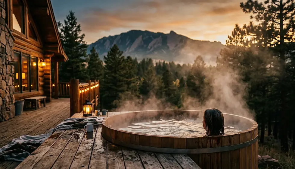 Luxury boulder cabin with steaming hot tub overlooking Flatirons mountain views at sunset