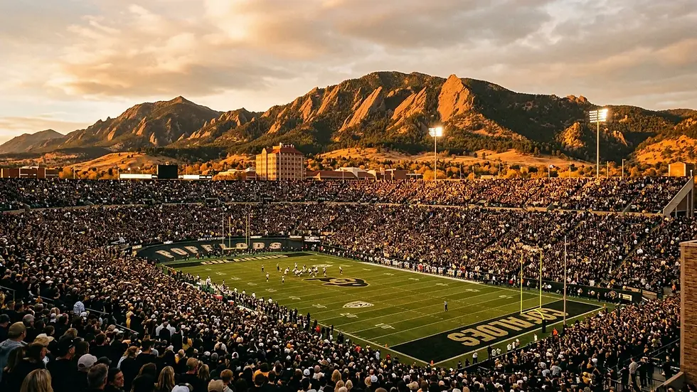 Colorado Buffaloes football at scenic Folsom Field with mountain backdrop