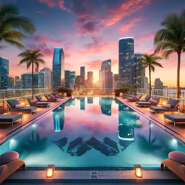 DALL·E 2025-03-26 18.39.39 - A luxurious rooftop pool overlooking the Miami skyline at sun