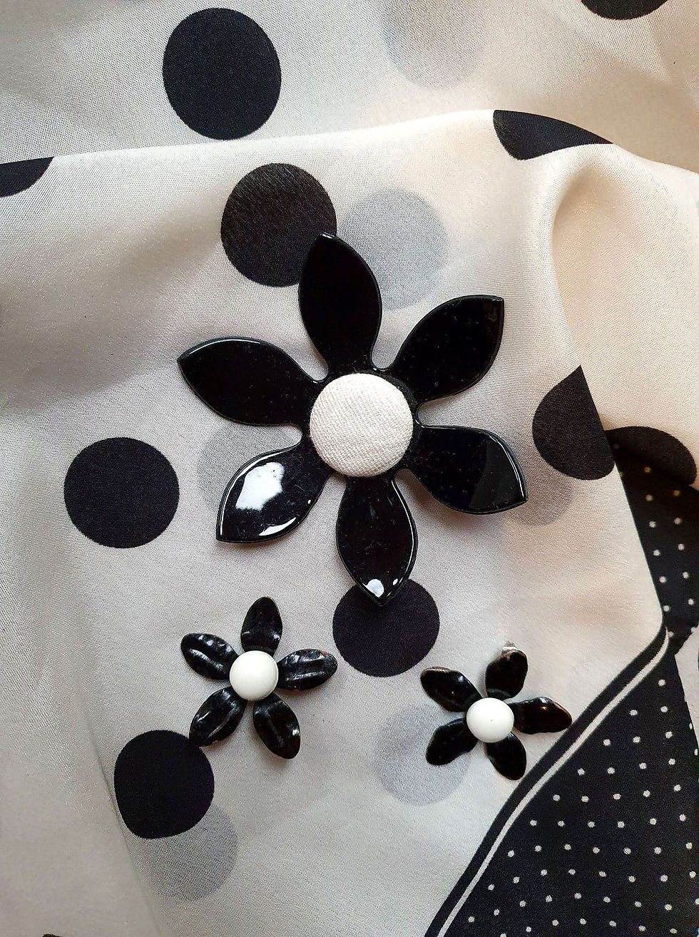 Thumbnail: Perky Polka Dot 60’s Vintage Accessory Pack: Scarf, 60’s Lucite Flower Pin 60’s