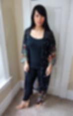 Kat wearing yoga pants and kimono for postpartum style
